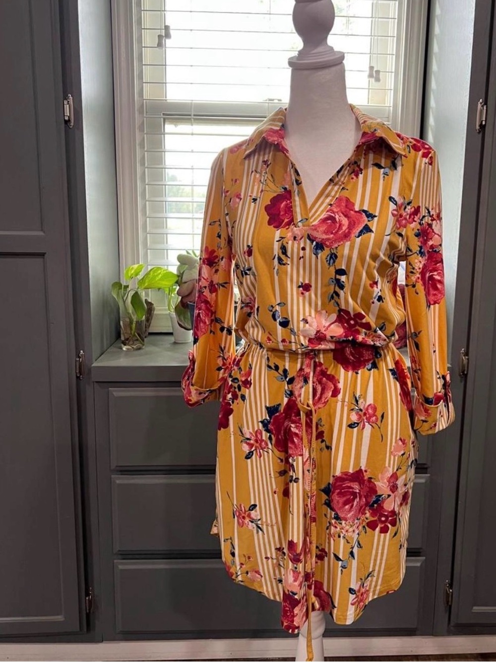 Derek Heart Mustard Floral Mini Dress with Tie Waist